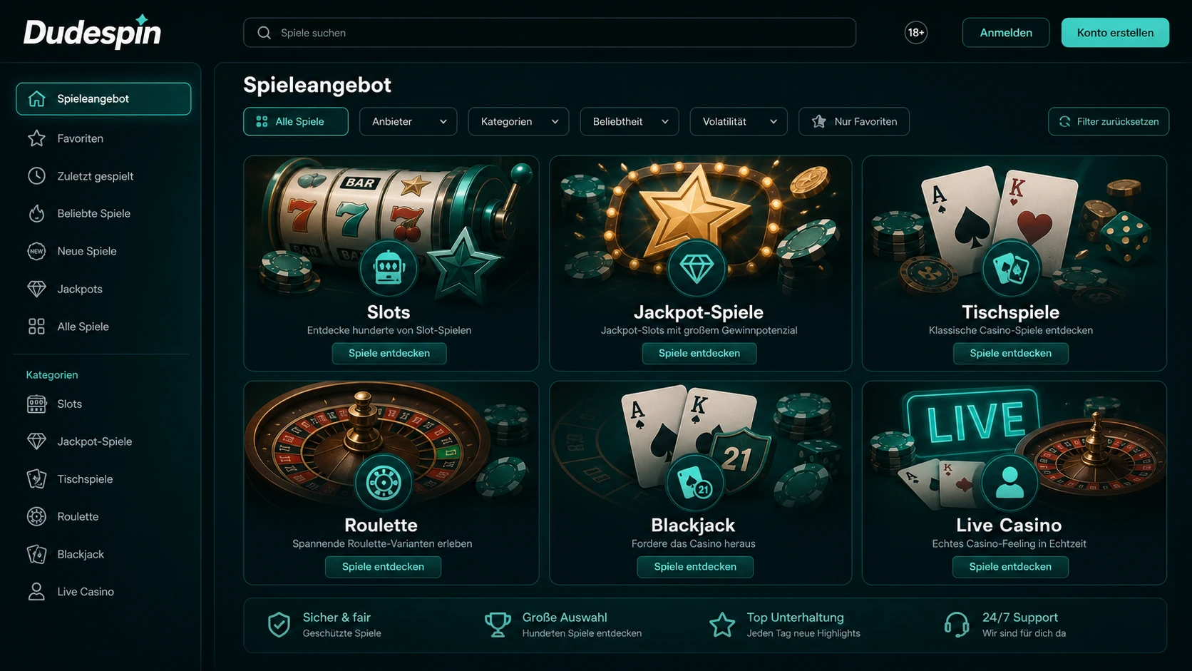 Spieleangebot bei Dudespin